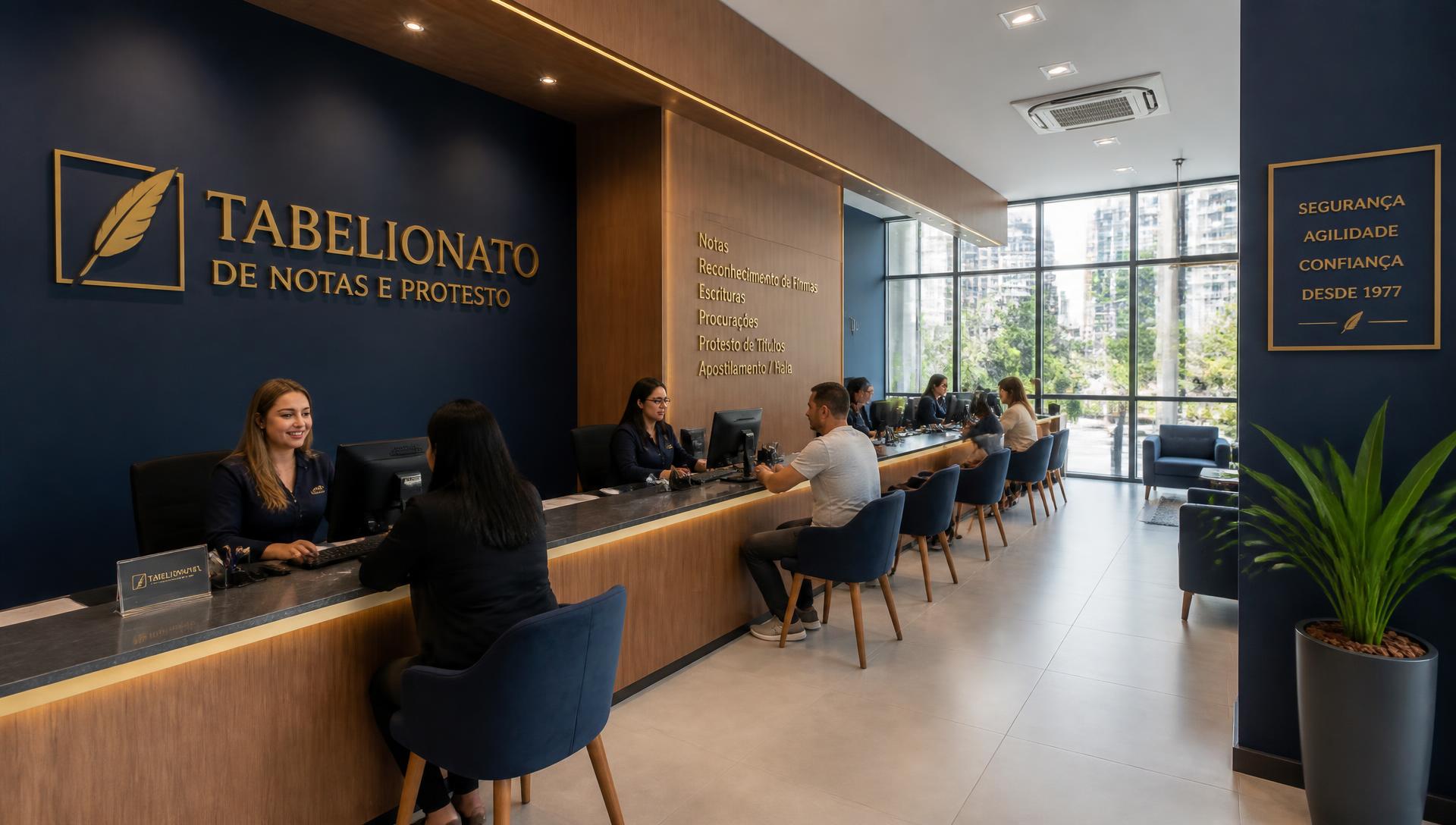 Equipe do tabelionato atendendo clientes no balcão
